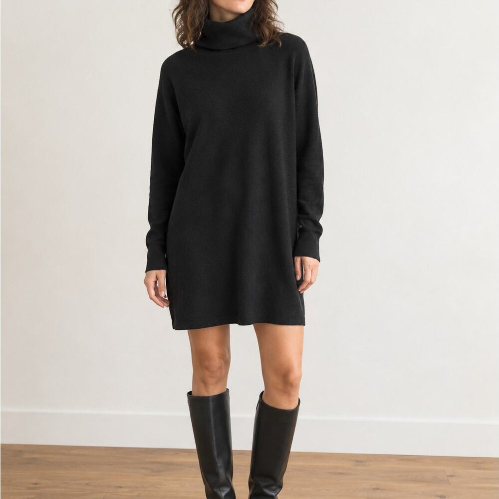 Quince 100% Cashmere Black Turtleneck Sweater Dress Long Sleeve Minimalist M
